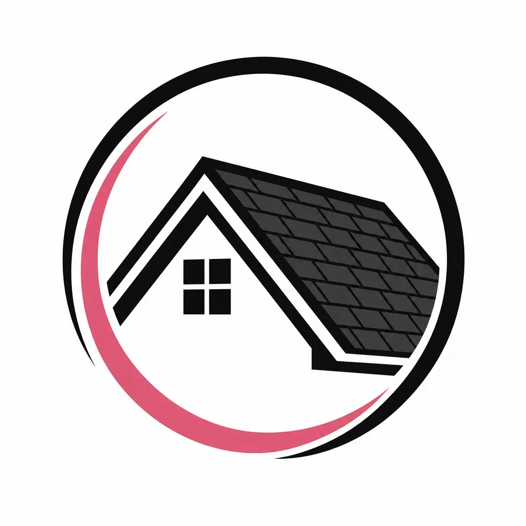 Acme Roofing logo: shingled house roof inside a green and black circle