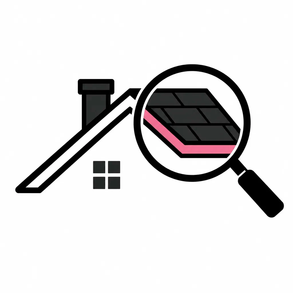 Icon of a magnifying glass over a shingled roof, representing roof inspection