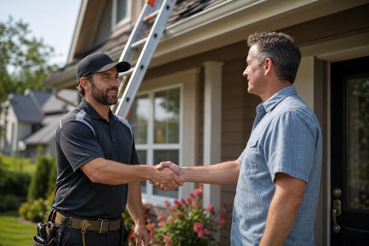 Roofer shaking hands with a homeowner in front of a house with a ladder