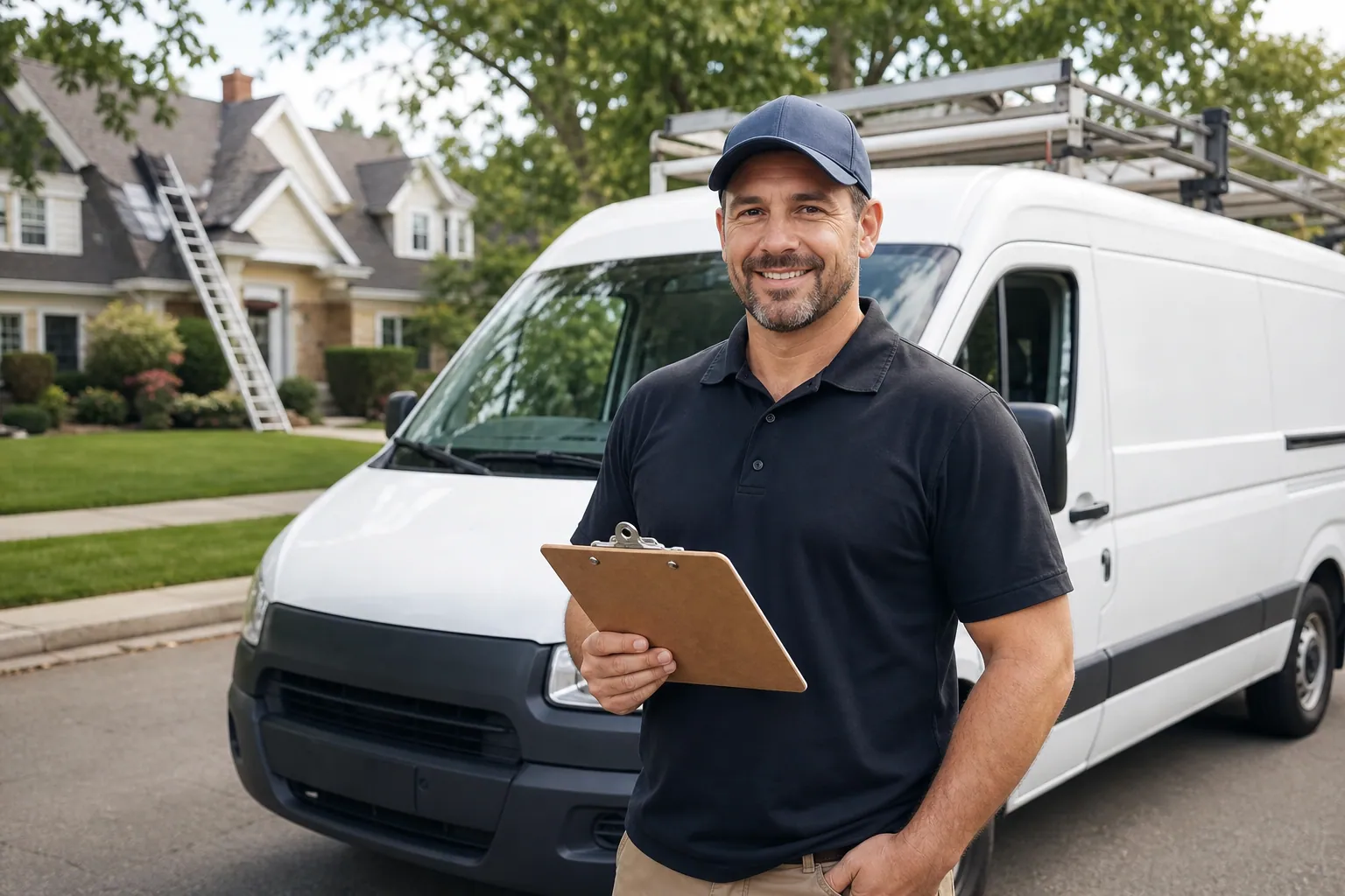 Acme Roofing contractor holding a clipboard beside a white work van outside a home