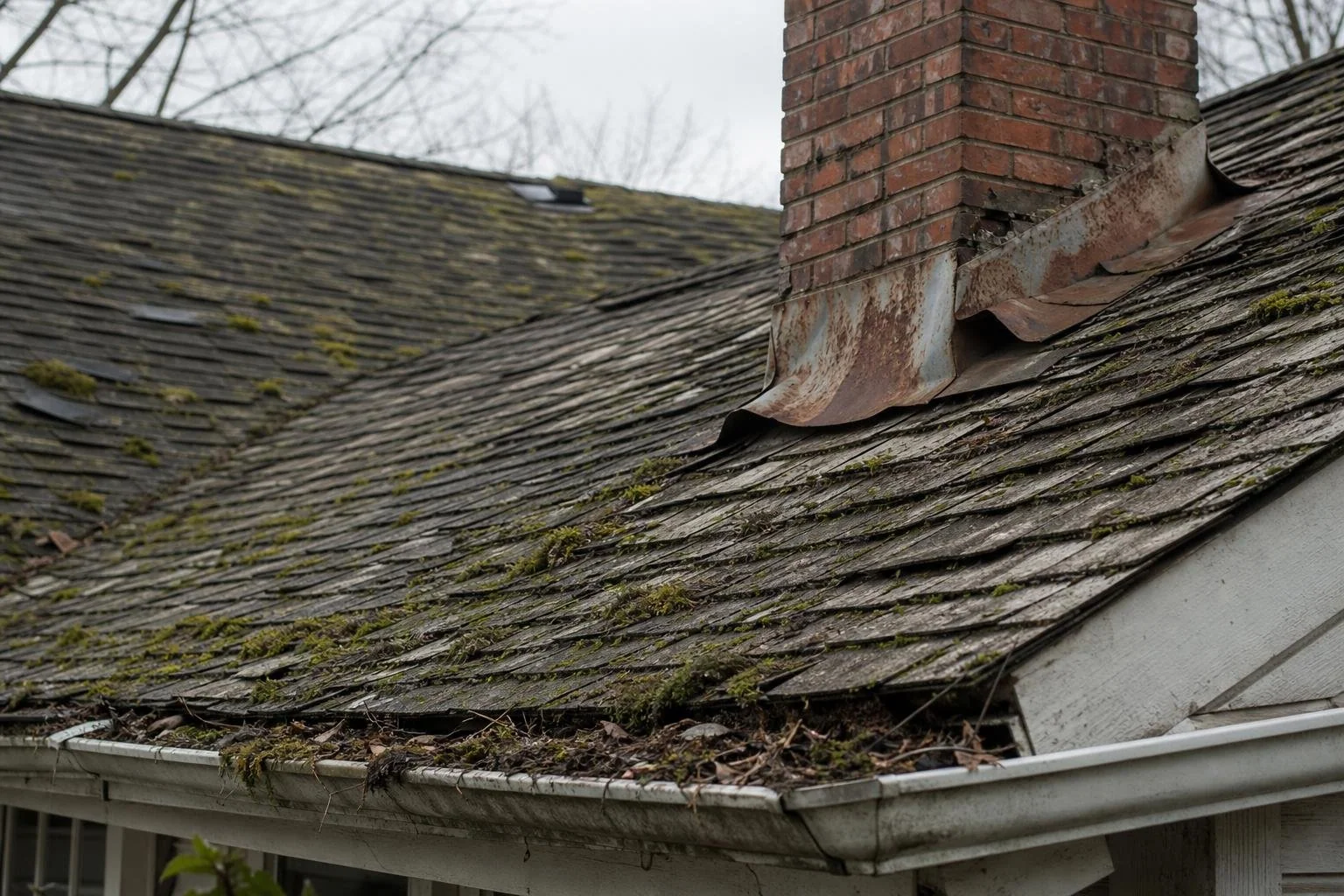 Old moss-covered roof with rusted chimney flashing and a clogged gutter