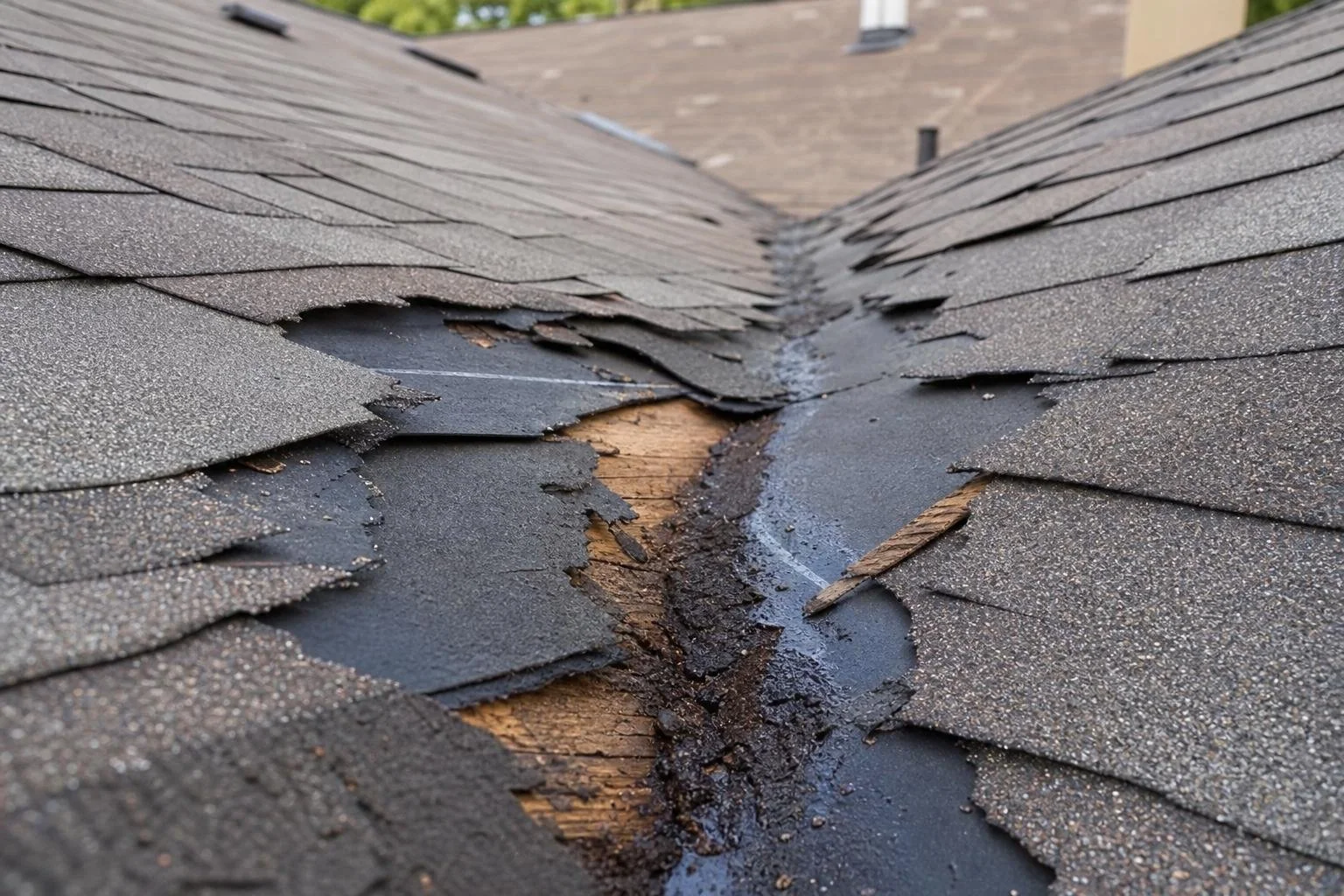 Badly damaged roof valley with torn shingles and exposed wet decking