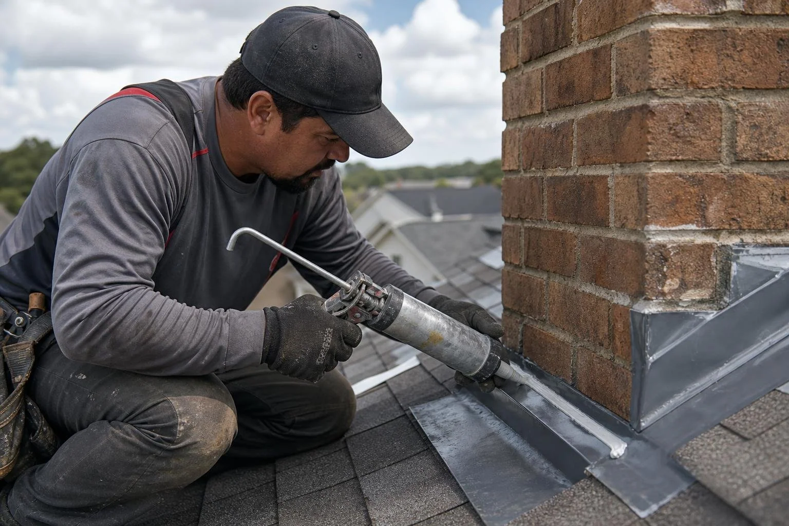 Roofer sealing chimney flashing with a caulking gun on a shingle roof