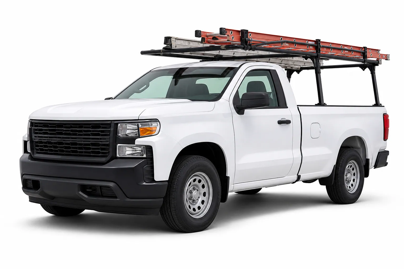 White work pickup truck with ladders loaded on its roof rack